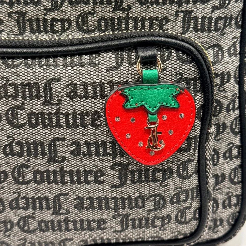 Juicy Couture Freshly Picked Backpack Black Beige Gothic Logo Strawberry Charm